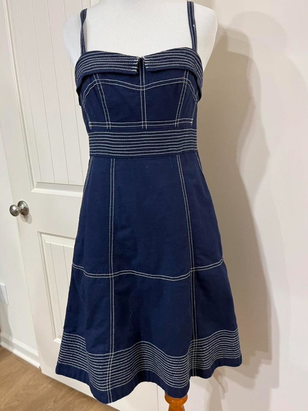 Anthropologie Maeve Navy Blue A-Line Midi Dress with Contrast Stitching